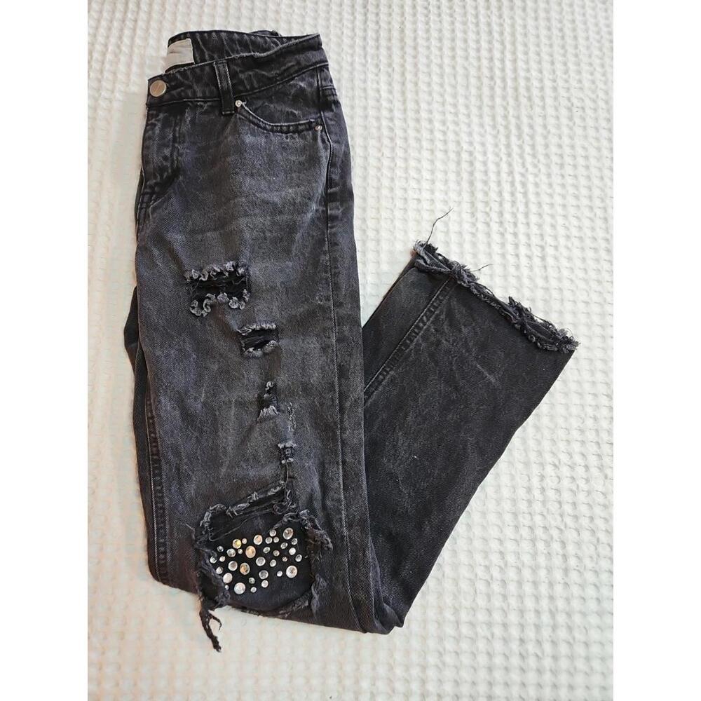 Ban-Jara Black 5 / 26 Straight Leg  Rhinestones Embellished Distressed Jeans
